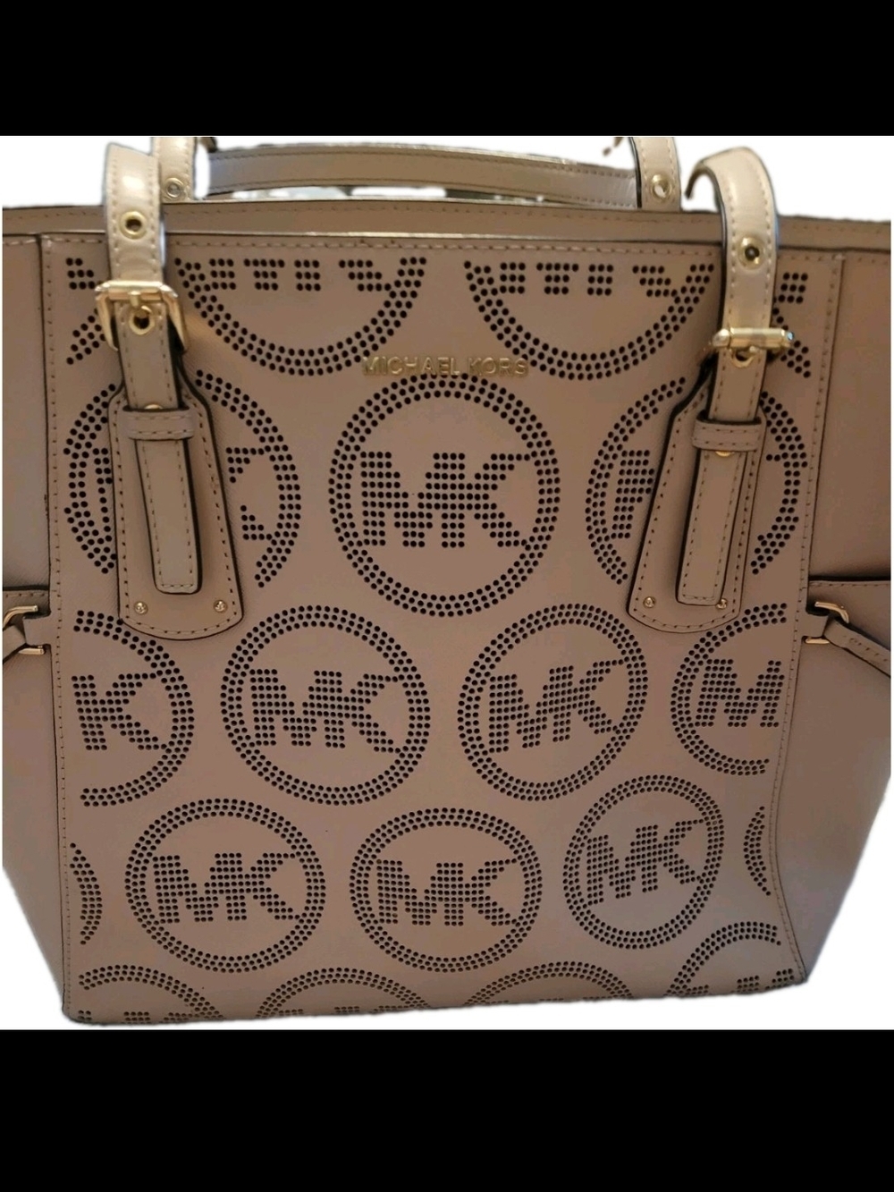 Michael Kors MK Logo Perforated Pink Blush Tote Shoulder Bag Gold Hardware
